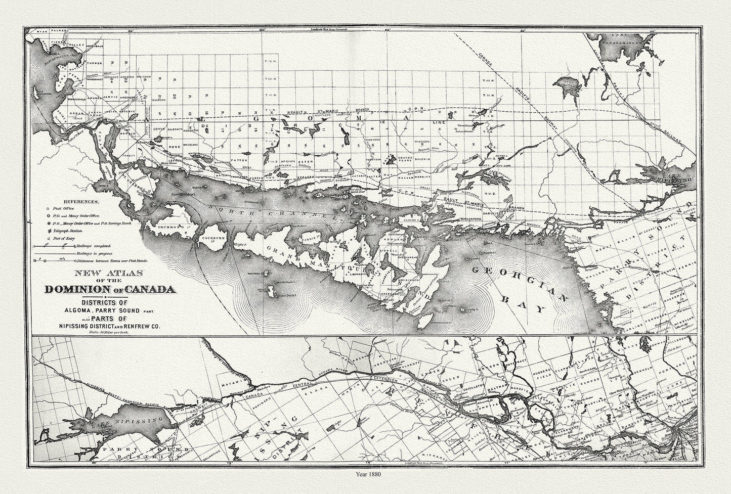 Lake Huron, North Shore, Algoma, Manitoulin, Parry Sound, 1880 , map on durable cotton canvas, 50 x 70 cm, 20 x 25" approx. - The Map Chest