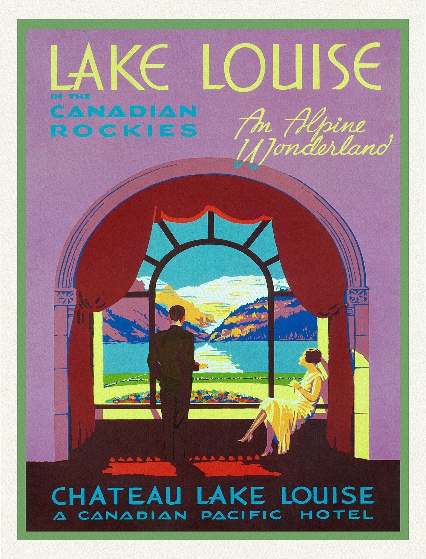 Lake Louise in the Canadian Rockies, vintage print on canvas, 50 x 70 cm, 20 x 25" approx. - The Map Chest