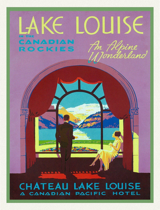 Lake Louise in the Canadian Rockies, vintage print on canvas, 50 x 70 cm, 20 x 25" approx. - The Map Chest