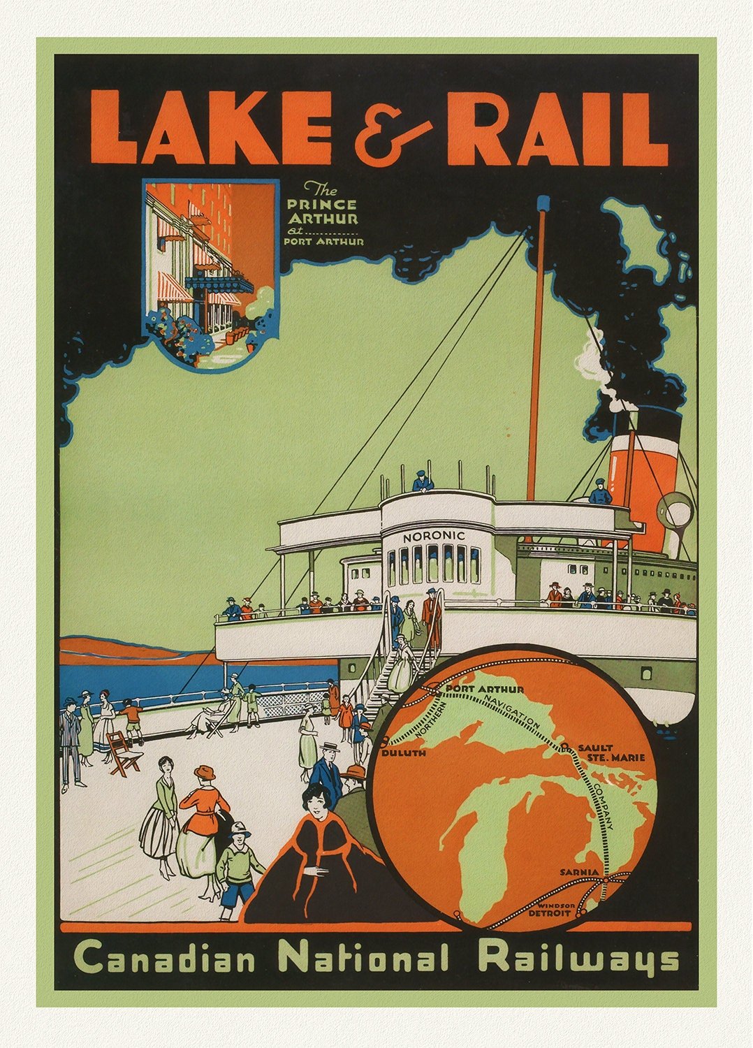 Lake & Rail, Canadian National Railways, 1927, travel poster on heavy cotton canvas, 45 x 65 cm, 18 x 24" approx. - The Map Chest