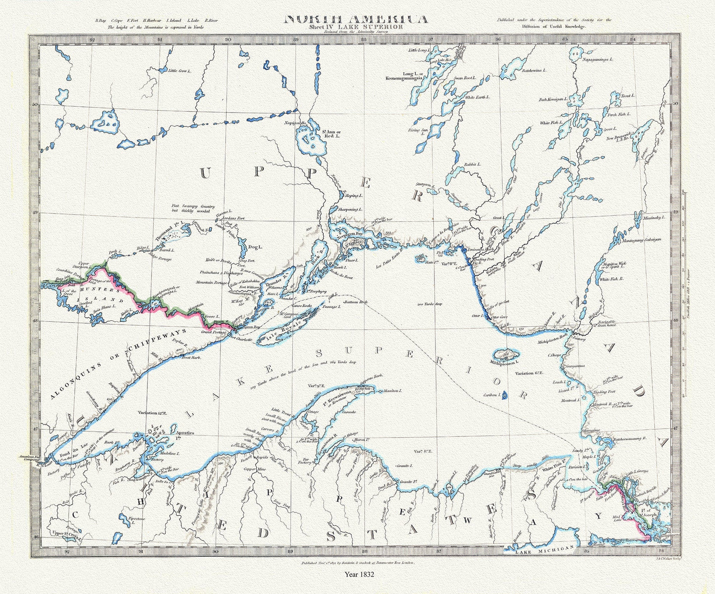 Lake Superior, reduced from the Admiralty Survey, 1832 , map on durable cotton canvas, 50 x 70 cm, 20 x 25" approx. - The Map Chest