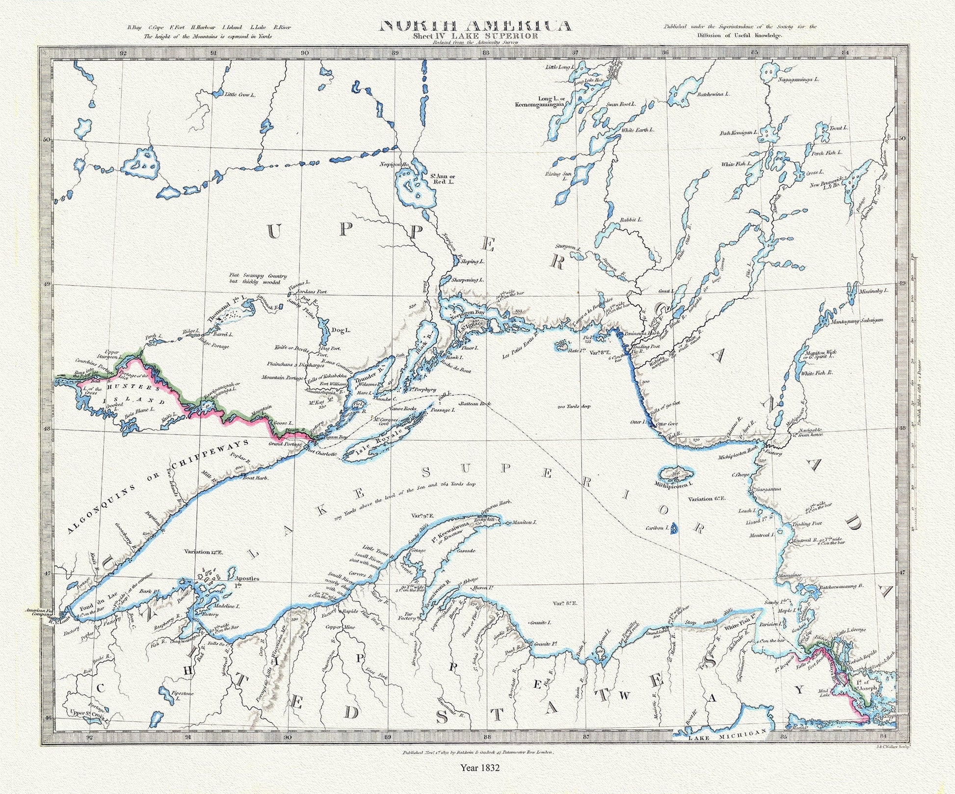Lake Superior, reduced from the Admiralty Survey, 1832 , map on durable cotton canvas, 50 x 70 cm, 20 x 25" approx. - The Map Chest