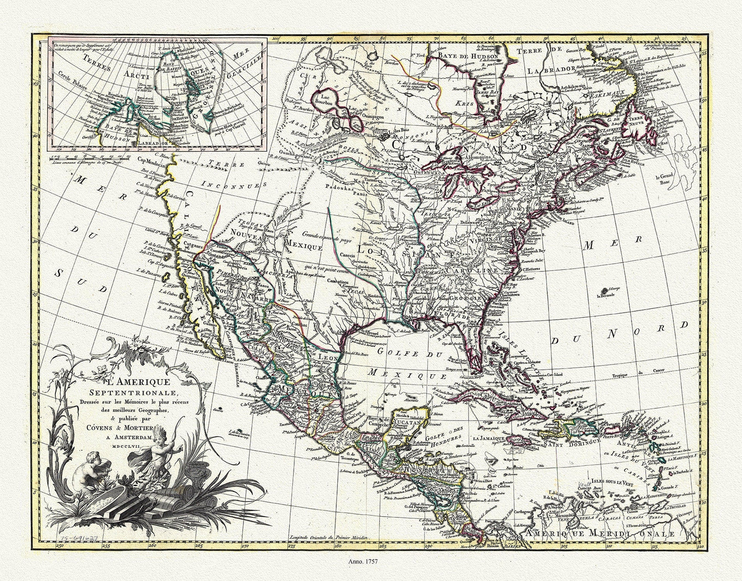 L'Amérique septentrionale, 1757, Covens et Mortier auths., map on durable cotton canvas, 50 x 70 cm, 20 x 25" approx. - The Map Chest