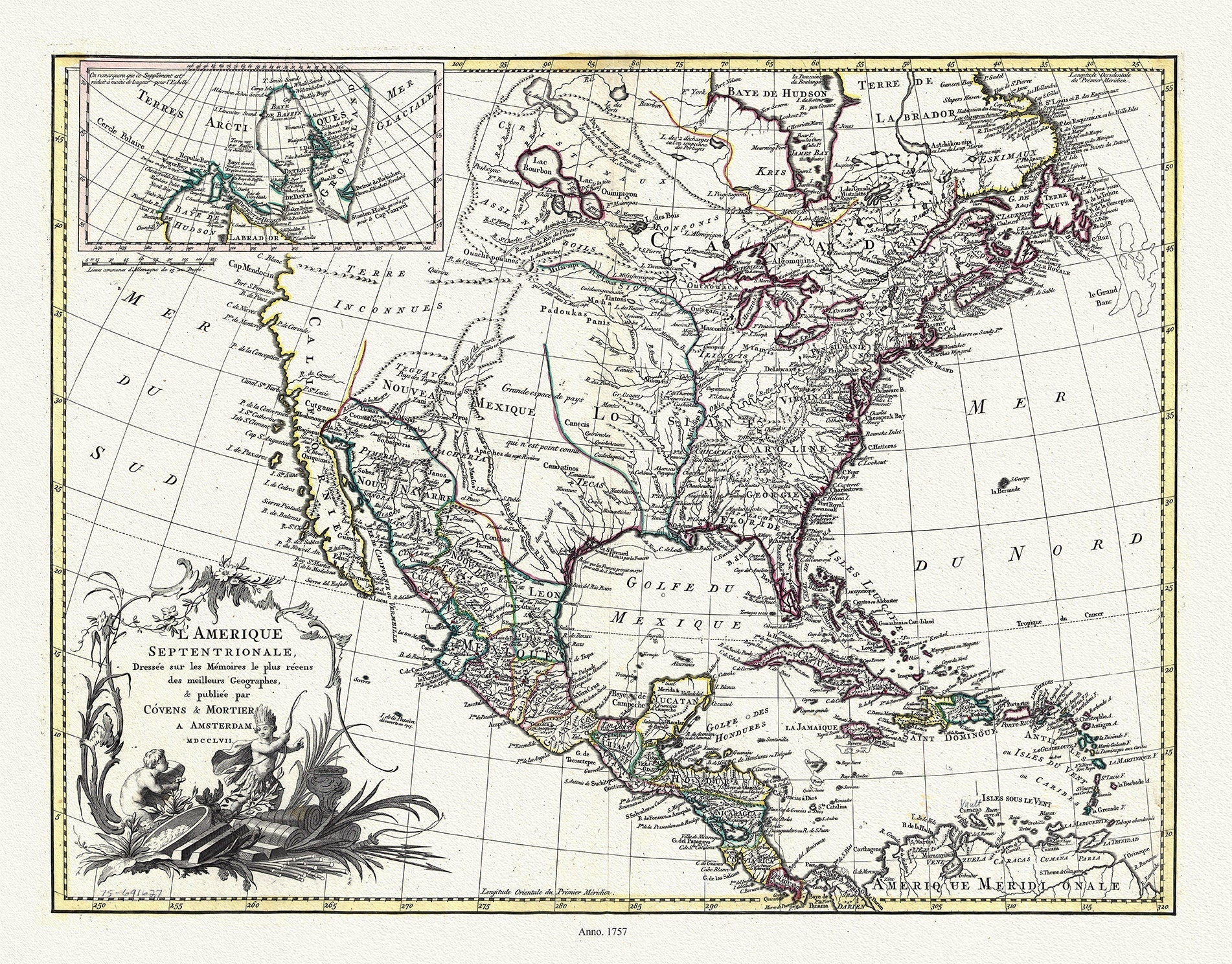 L'Amérique septentrionale, 1757, Covens et Mortier auths., map on durable cotton canvas, 50 x 70 cm, 20 x 25" approx. - The Map Chest