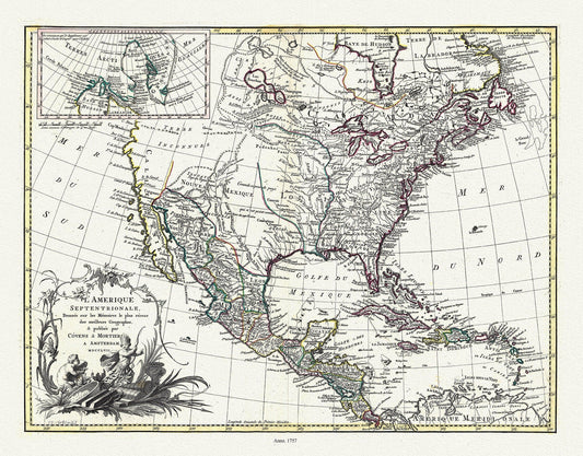 L'Amérique septentrionale, 1757, Covens et Mortier auths., map on durable cotton canvas, 50 x 70 cm, 20 x 25" approx. - The Map Chest