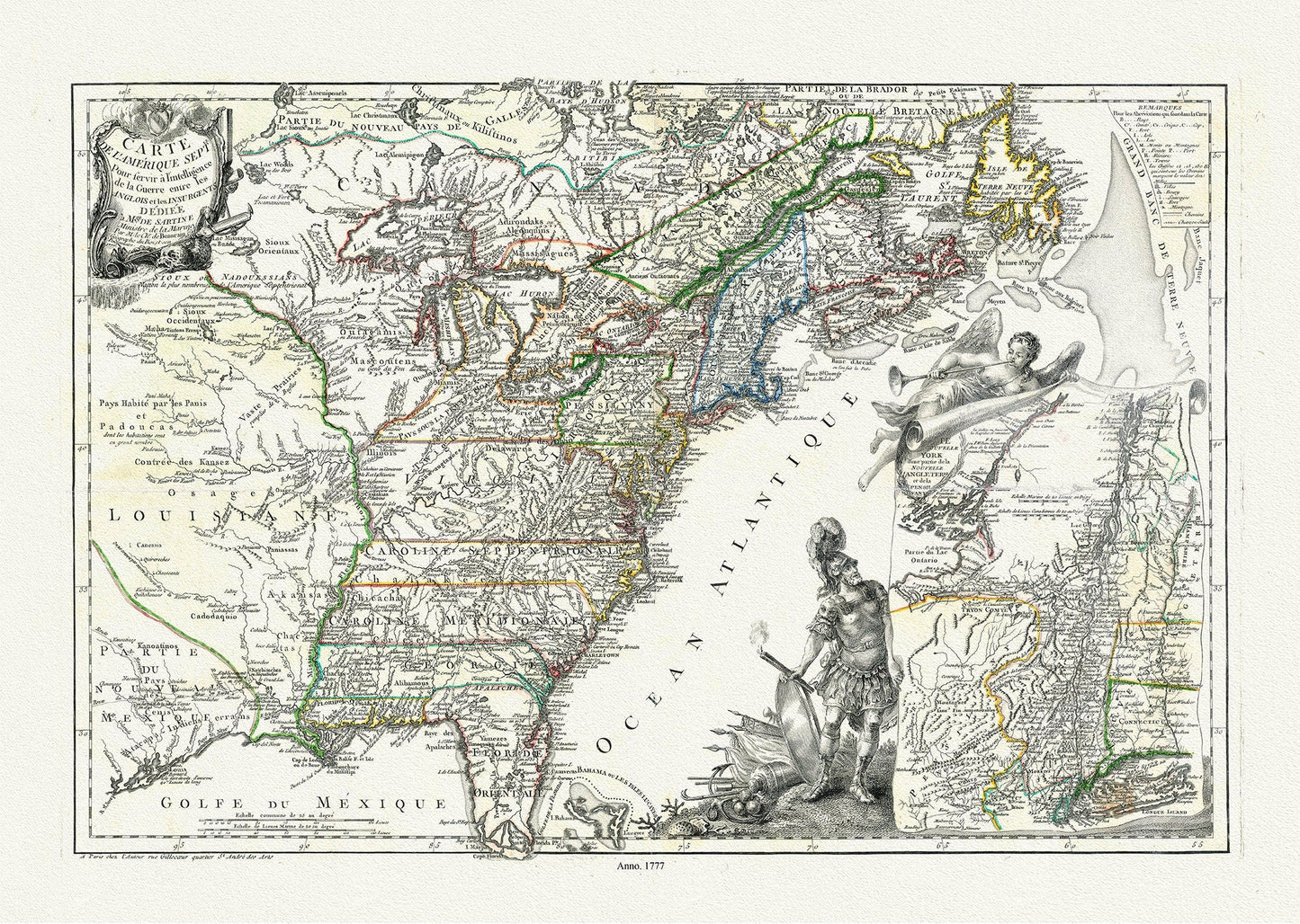 l'Amerique Septle. pour servir a l'intelligence de la guerre entre les Anglois et les insurgents,1777, Beaurain auth. canvas 20 x 25" - The Map Chest