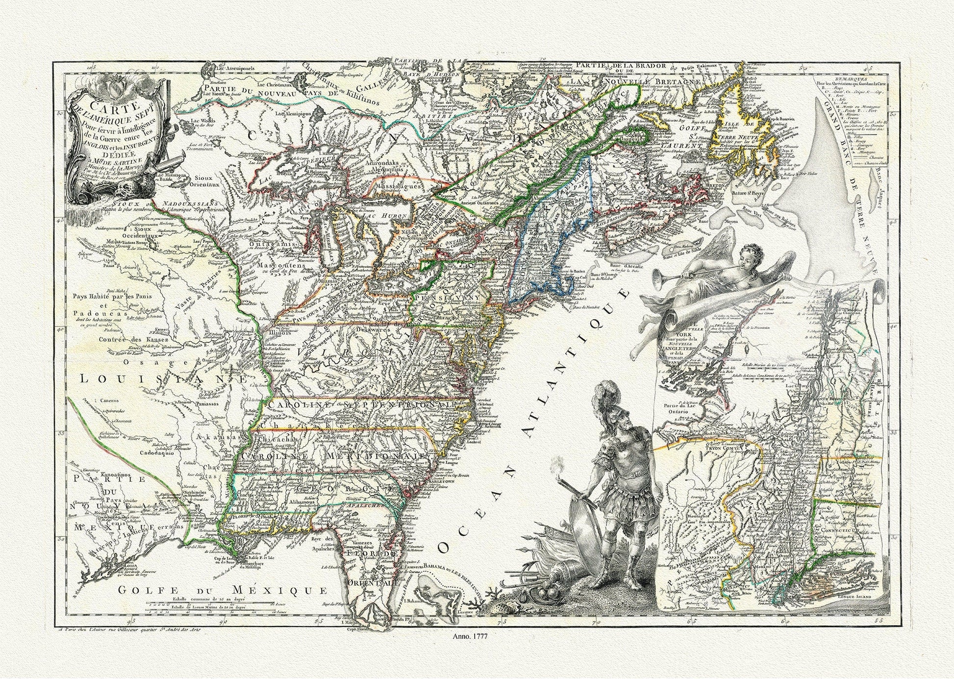 l'Amerique Septle. pour servir a l'intelligence de la guerre entre les Anglois et les insurgents,1777, Beaurain auth. canvas 20 x 25" - The Map Chest