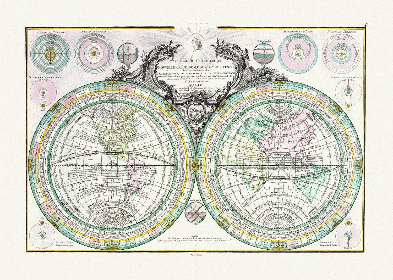 Lattre, (Jean, 1743 - 1793), Mappe - Monde Geo Spherique, 1760, Map on heavy cotton canvas, 22x27in. approx. - The Map Chest