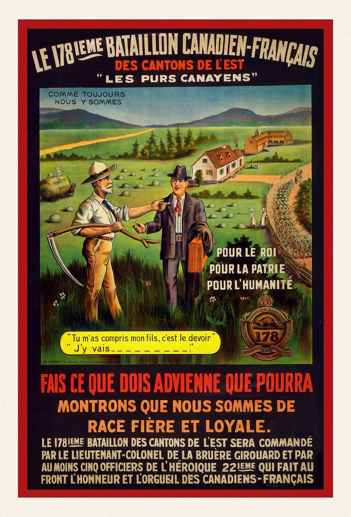 Le 178ieme Bataillon Canadien - Français des cantons de l'est, 1917, vintage war poster on durable cotton canvas, 50 x 70 cm, 20 x 25" approx. - The Map Chest