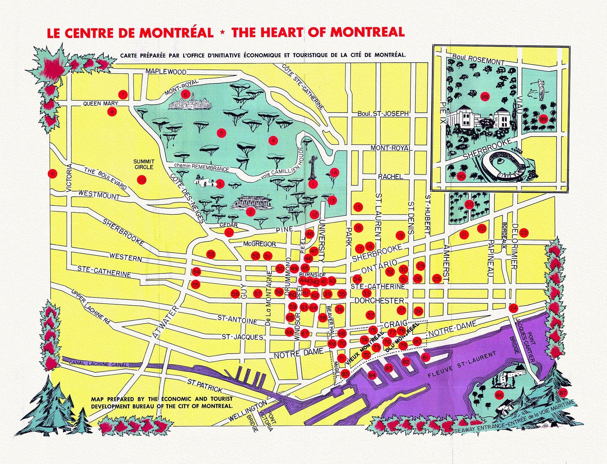 Le Centre de Montréal, The Heart of Montreal, 1960, map on heavy cotton canvas, 20x27" approx. - The Map Chest