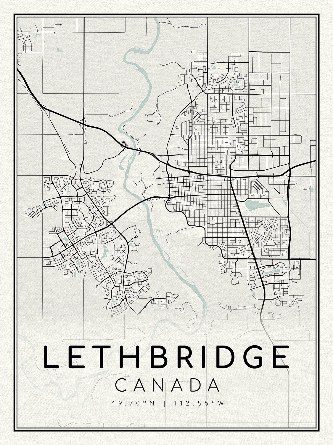 Lethbridge, Alberta, A Modern Map on heavy cotton canvas, 45 x 65 cm, 18 x 24" approx. - The Map Chest