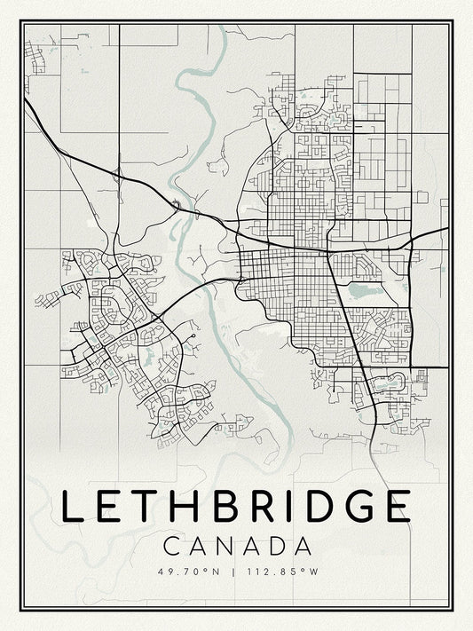 Lethbridge, Alberta, A Modern Map on heavy cotton canvas, 45 x 65 cm, 18 x 24" approx. - The Map Chest