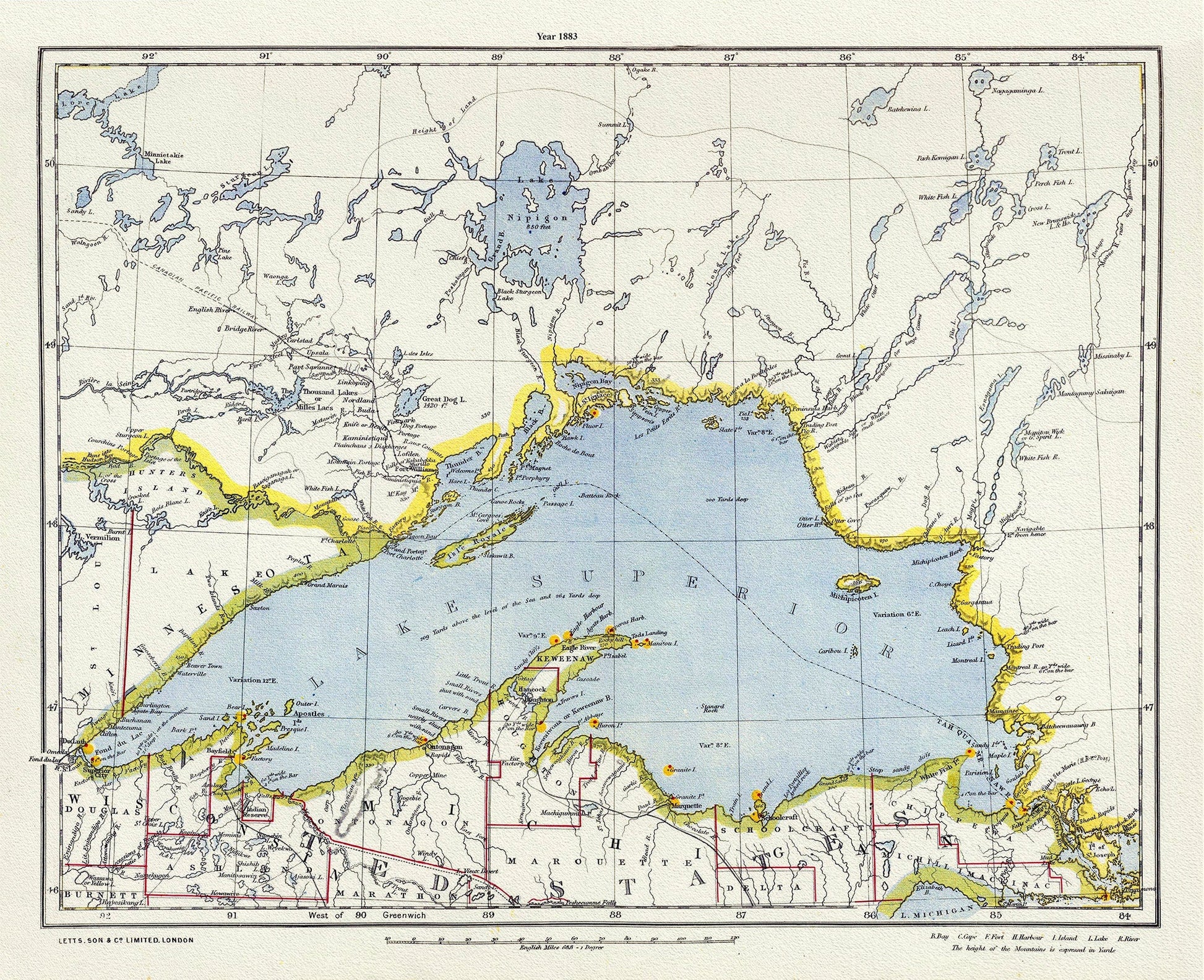 Letts, North Shore, Lake Superior, Canada, 1883 , map on heavy cotton canvas, 22x27" approx. - The Map Chest
