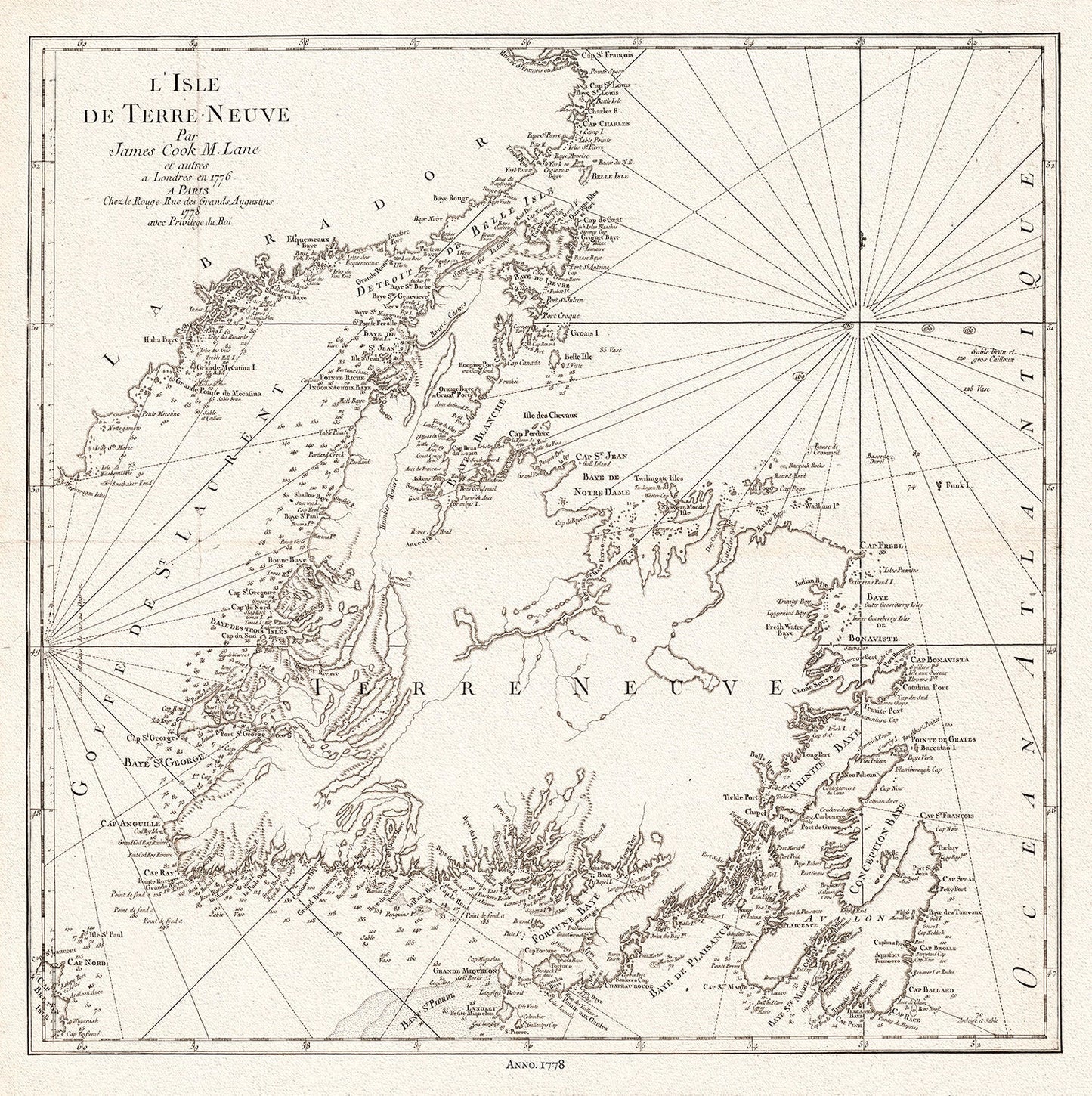 L'Isle de Terre - Neuve, 1778, Capt. Cook auth., map on durable cotton canvas, 50 x 70 cm, 20 x 25" approx. - The Map Chest