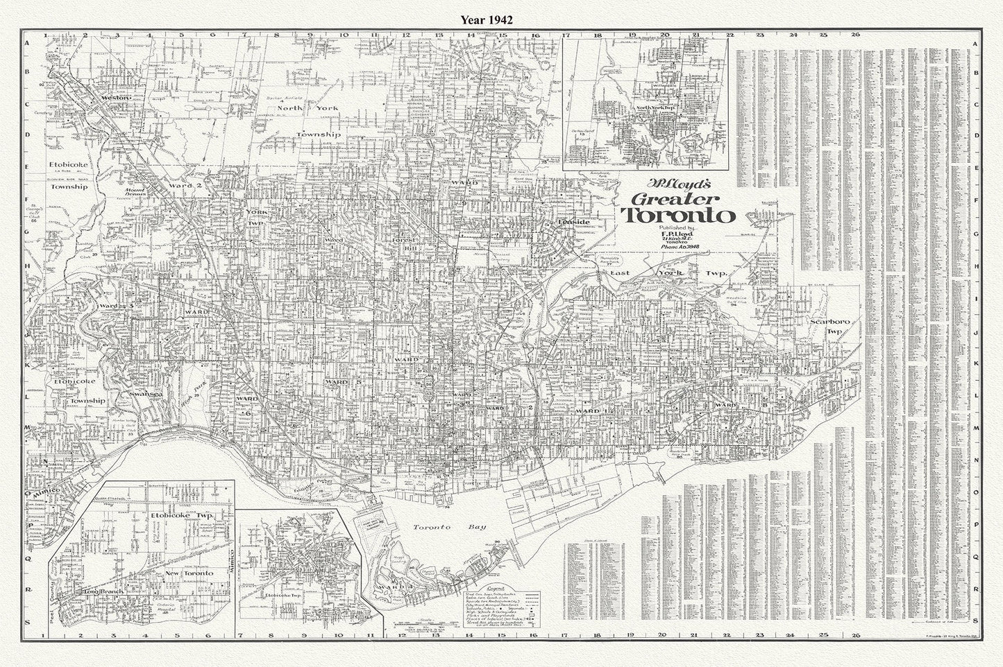 Lloyd's Map of Greater Toronto, 1942, Lloyd's Map, , map on durable cotton canvas, 50 x 70 cm, 20 x 25" approx. - The Map Chest