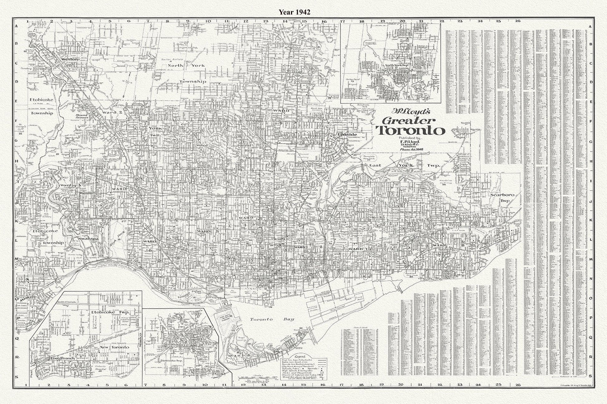 Lloyd's Map of Greater Toronto, 1942, Lloyd's Map, , map on durable cotton canvas, 50 x 70 cm, 20 x 25" approx. - The Map Chest