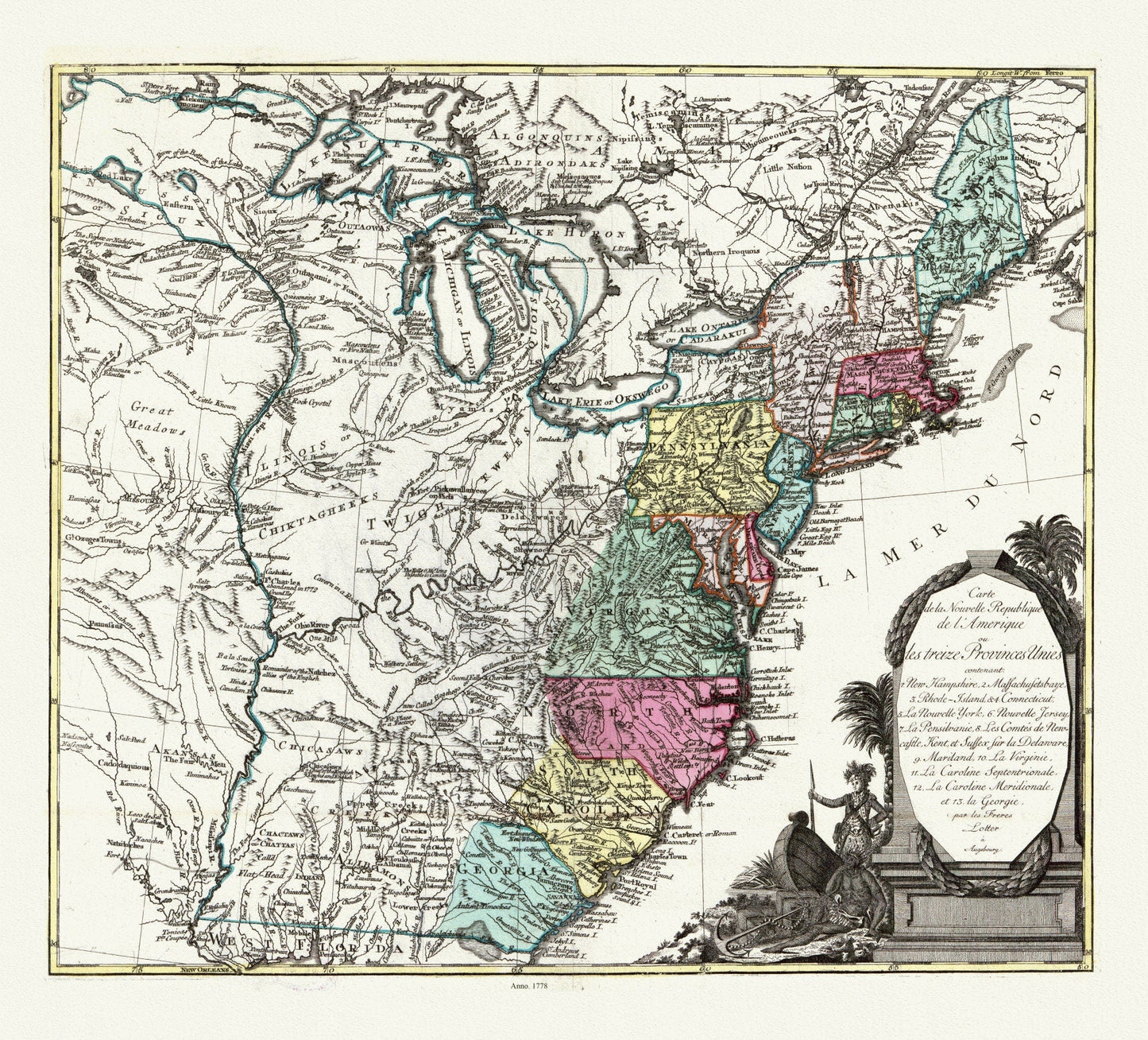 Lotter, Carte de la nouvelle république de lʾAmérique ou les treize Provinces Unies, 1778 , map on heavy cotton canvas, 22x27" approx. - The Map Chest