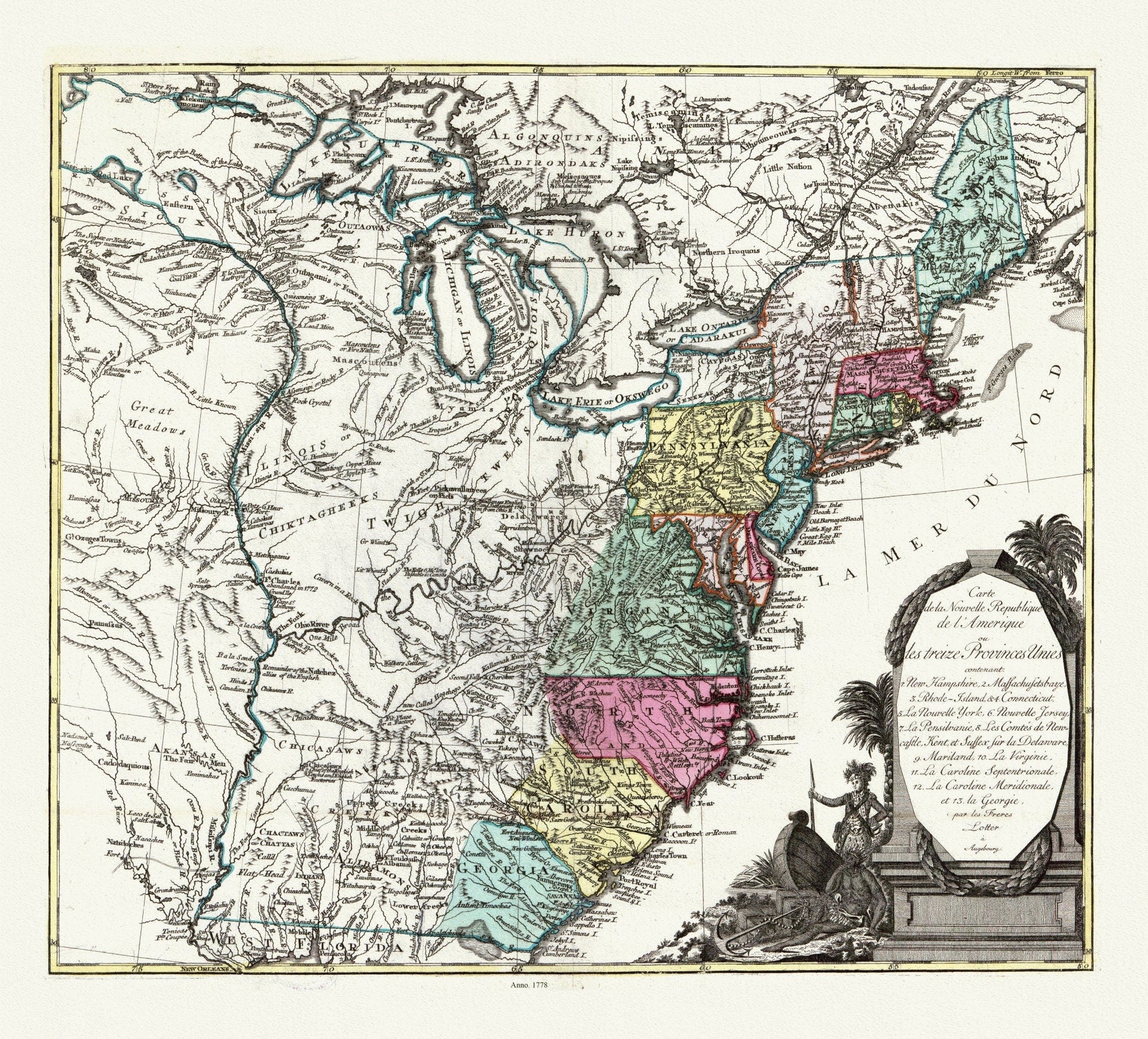 Lotter, Carte de la nouvelle république de lʾAmérique ou les treize Provinces Unies, 1778 , map on heavy cotton canvas, 22x27" approx. - The Map Chest