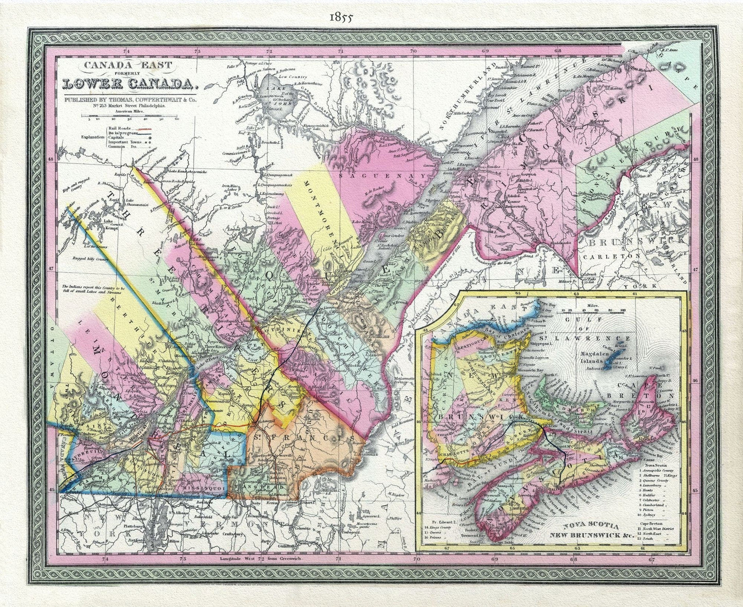 Lower Canada, 1855, Mitchell auth., map on heavy cotton canvas, 50 x 70cm, 20 x 25" approx. - The Map Chest