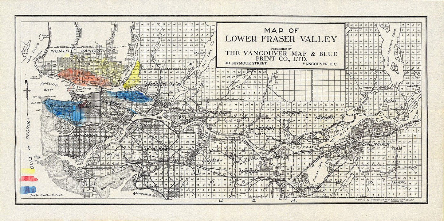 Lower Fraser Valley, Topping auth., 1910, map on heavy cotton canvas, 50 x 70cm, 20 x 25" approx. - The Map Chest