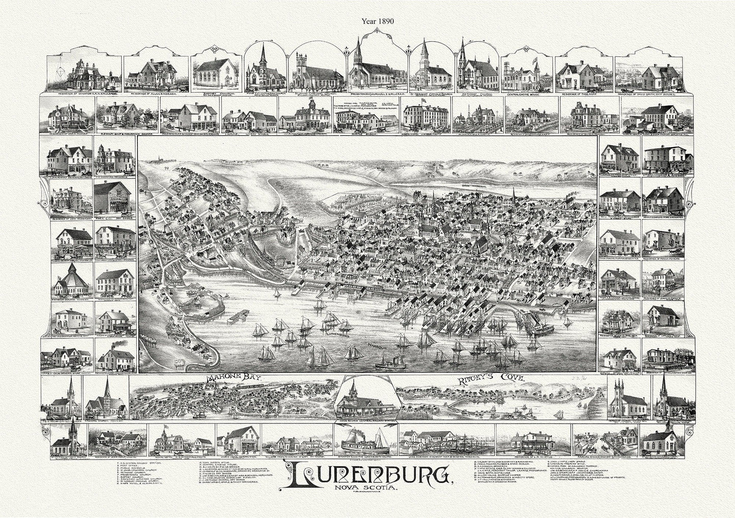 Lunenburg, Nova Scotia, A Bird's Eye View, 1890 , map on durable cotton canvas, 50 x 70 cm, 20 x 25" approx. - The Map Chest