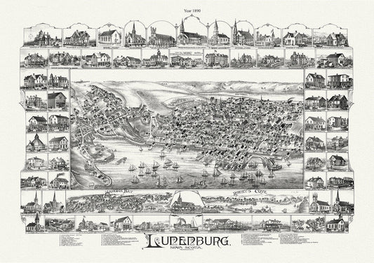 Lunenburg, Nova Scotia, A Bird's Eye View, 1890 , map on durable cotton canvas, 50 x 70 cm, 20 x 25" approx. - The Map Chest