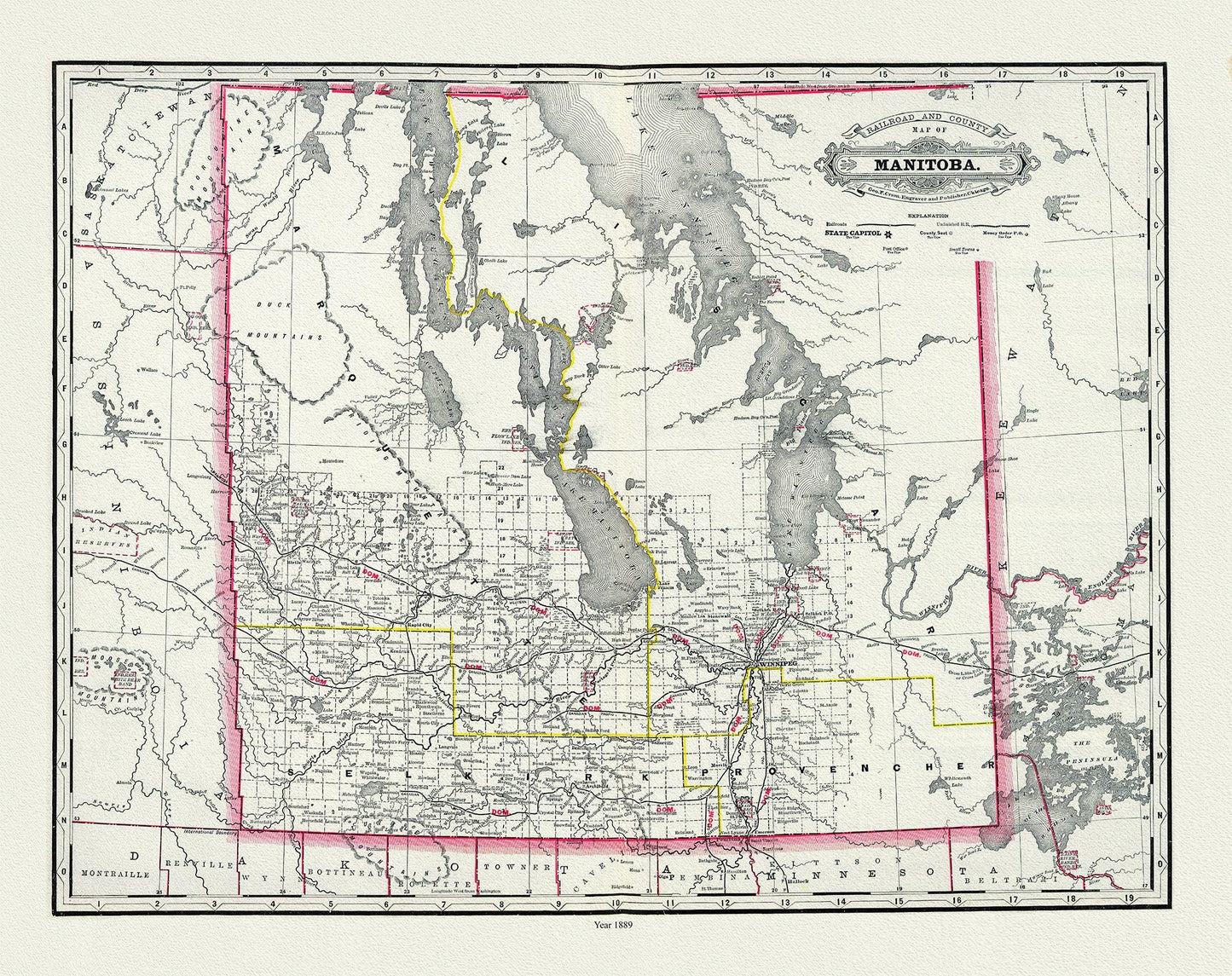 Manitoba, 1889, Cram auth., map on durable cotton canvas, 50 x 70 cm, 20 x 25" approx. - The Map Chest