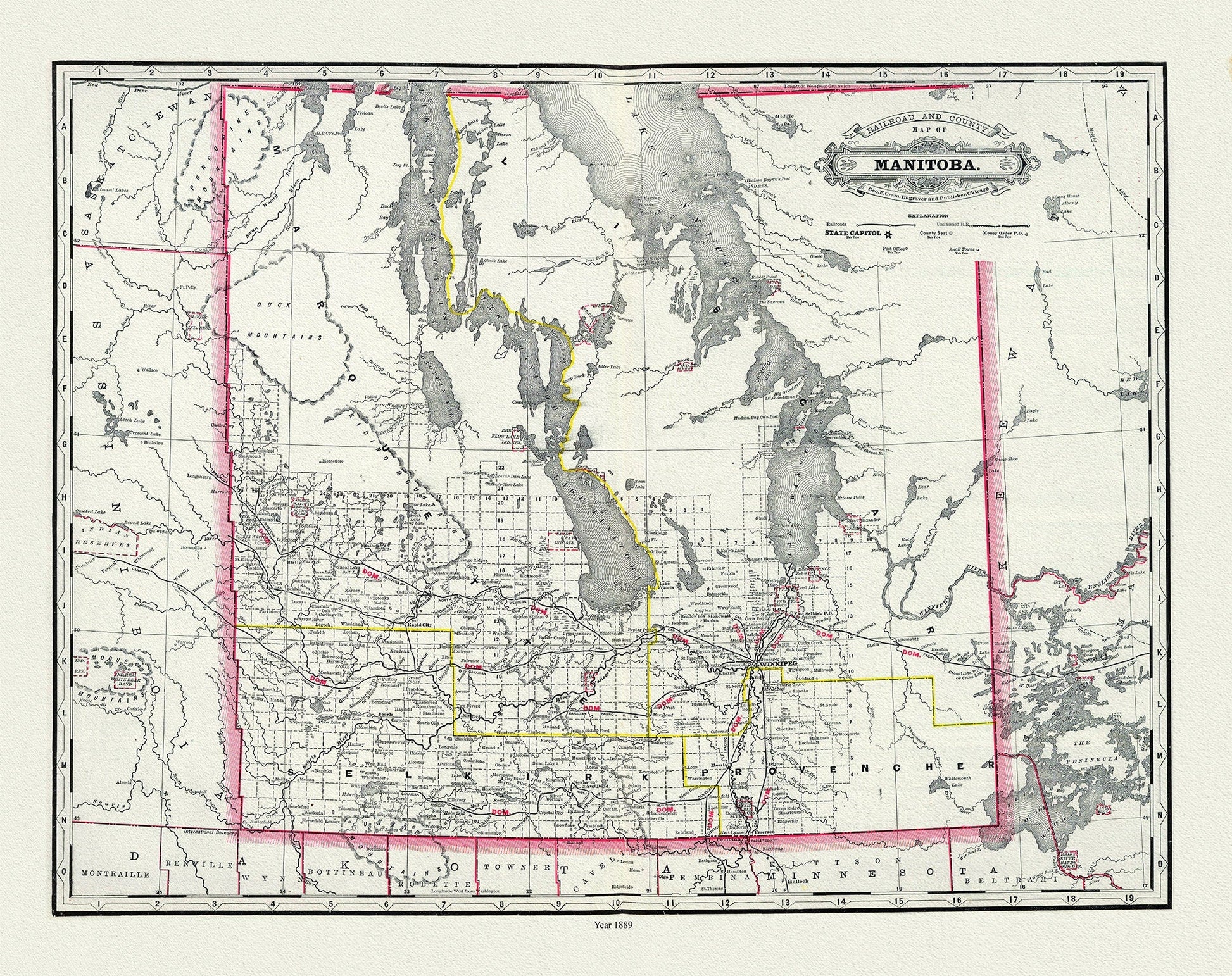 Manitoba, 1889, Cram auth., map on durable cotton canvas, 50 x 70 cm, 20 x 25" approx. - The Map Chest