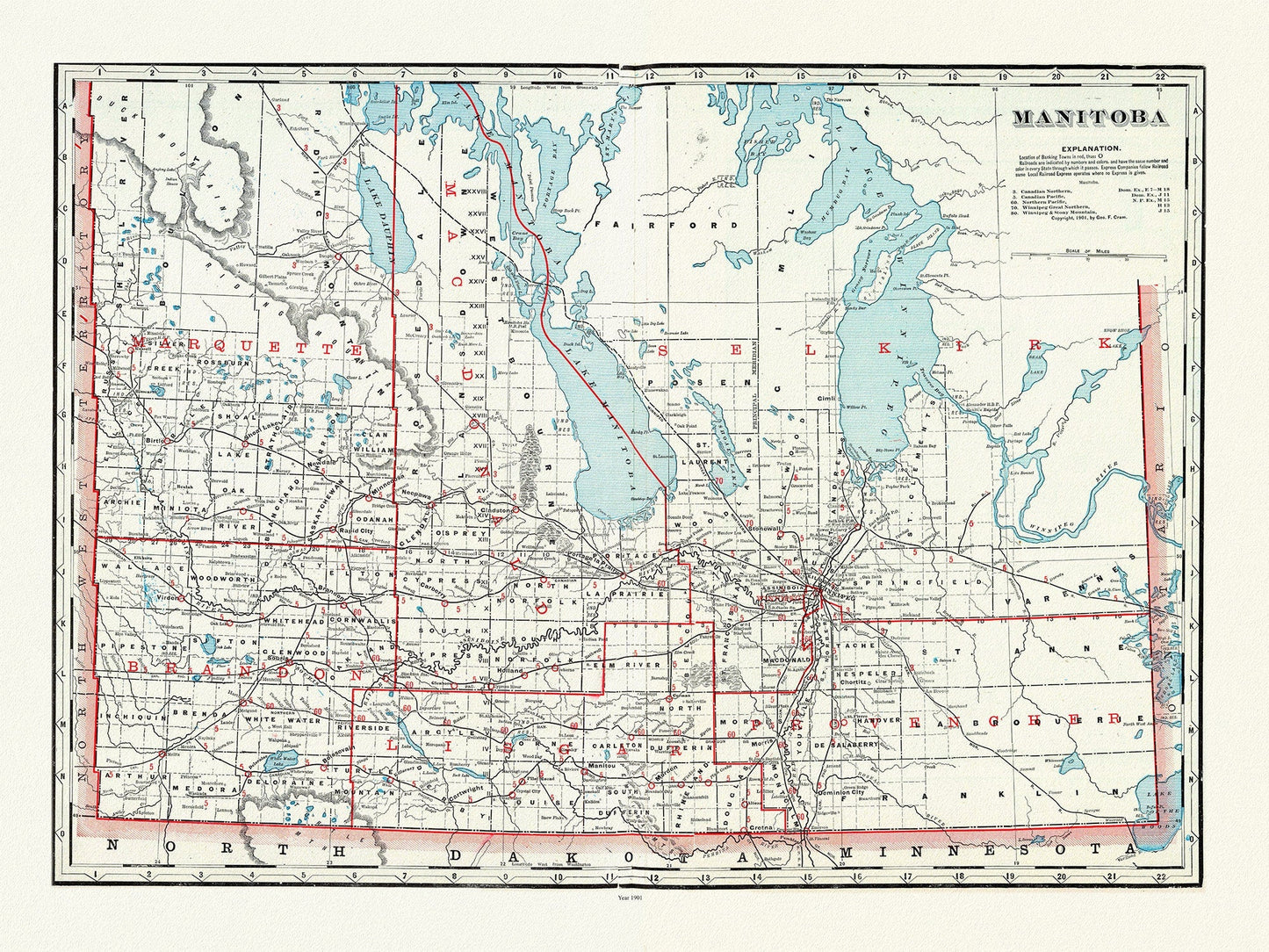 Manitoba, 1901, Cram auth.,, map on durable cotton canvas, 50 x 70 cm, 20 x 25" approx. - The Map Chest