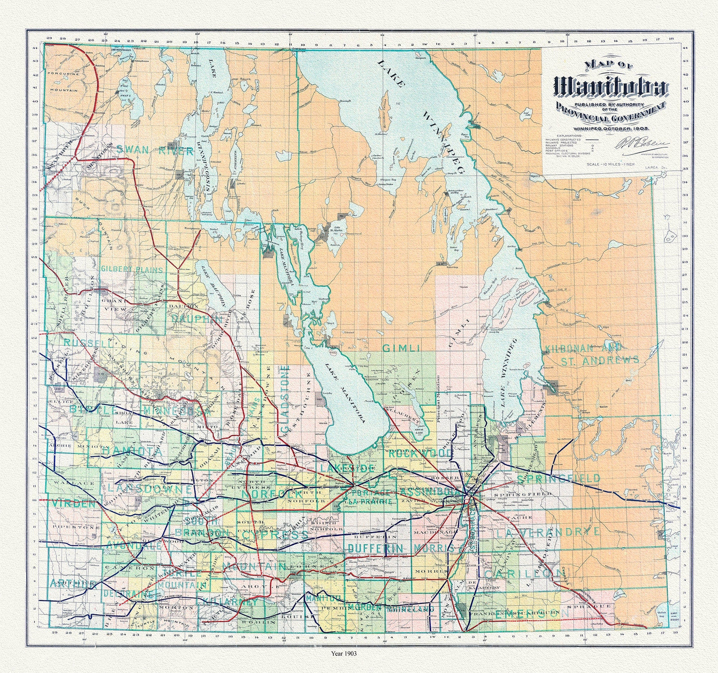 Manitoba, 1903, map on durable cotton canvas, 50 x 70 cm, 20 x 25" approx. - The Map Chest