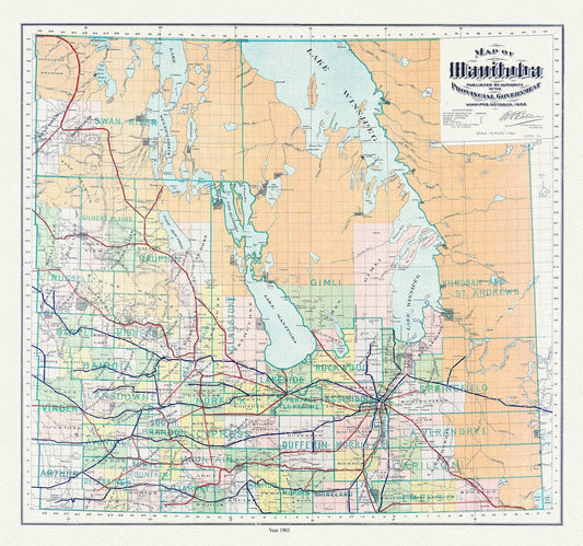 Manitoba, 1903, map on durable cotton canvas, 50 x 70 cm, 20 x 25" approx. - The Map Chest