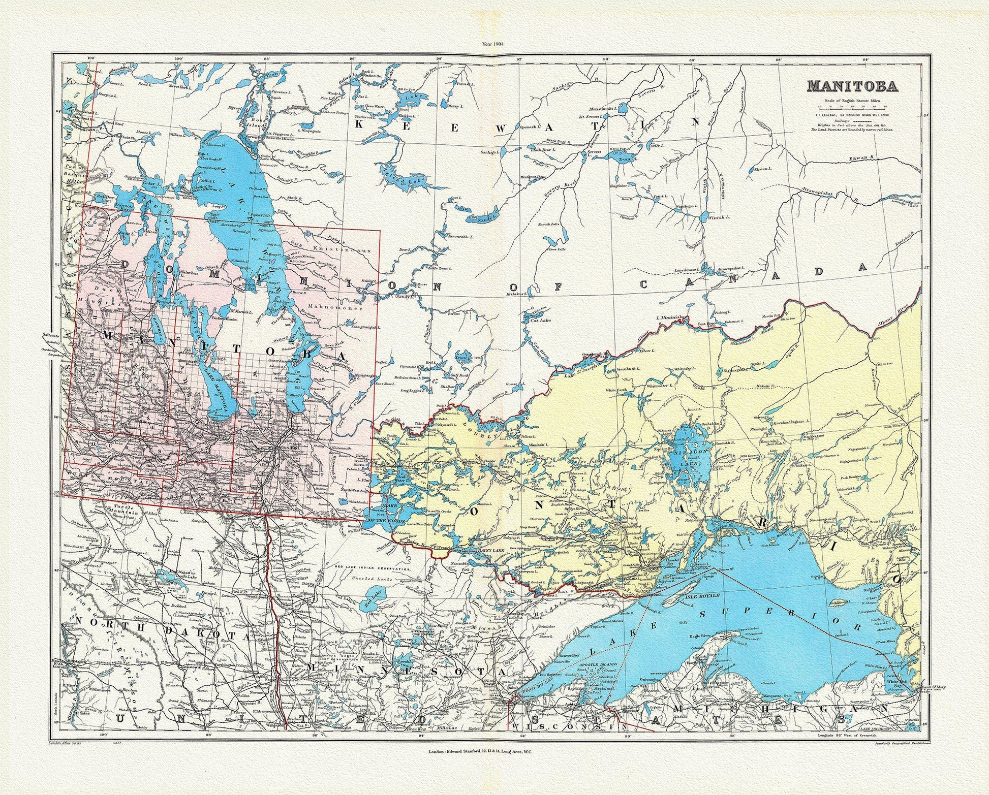 Manitoba, 1904, Stanford auth.,, map on durable cotton canvas, 50 x 70 cm, 20 x 25" approx. - The Map Chest