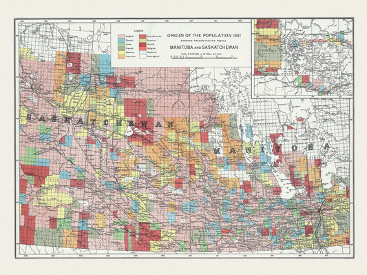 Manitoba and Saskatchewan, Department of Interior, Origin of the population, 1911 , map on durable canvas, 50 x 70 cm, 20 x 25" approx. - The Map Chest