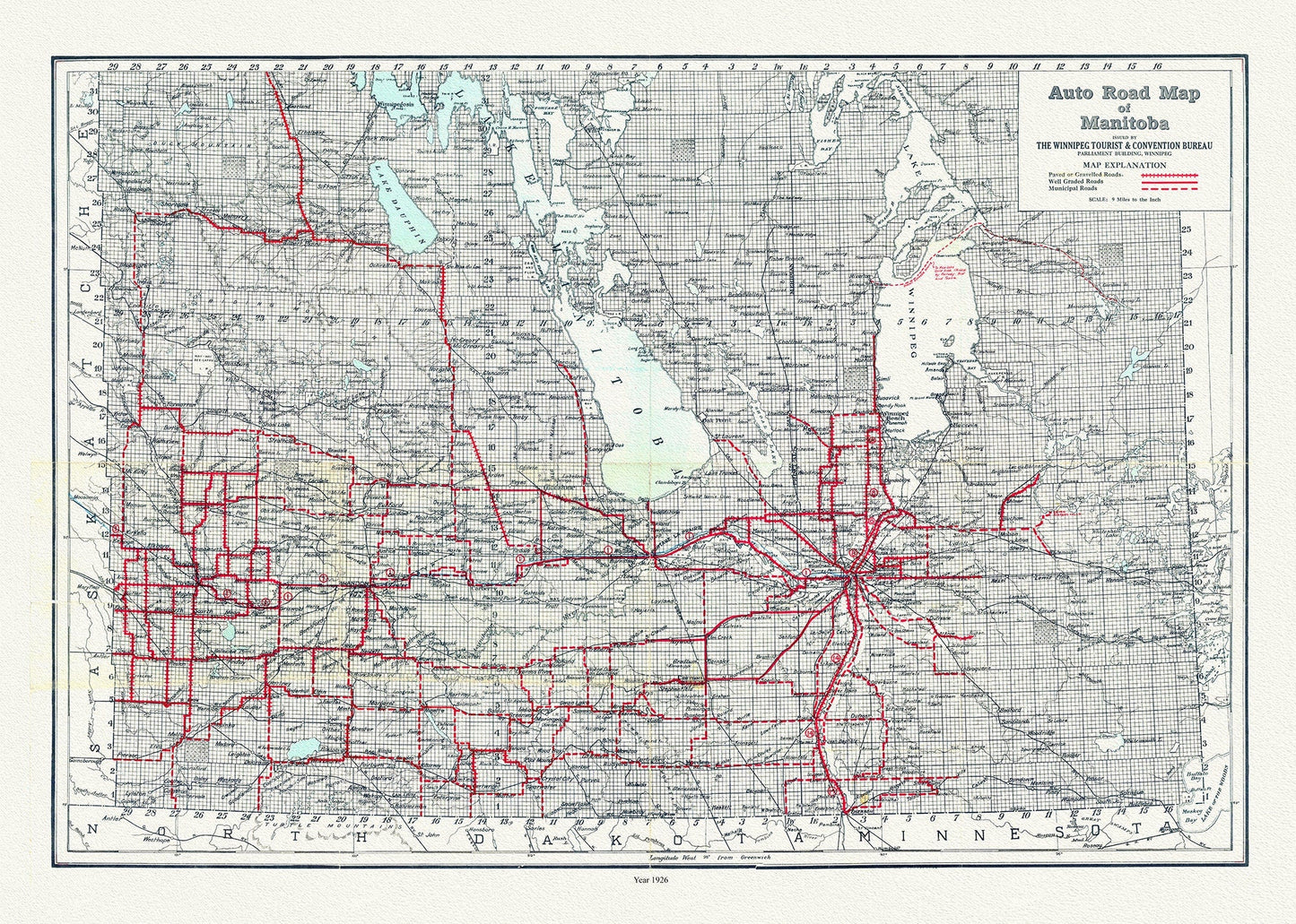 Manitoba, Auto road map, 1926, map on durable cotton canvas, 50 x 70 cm, 20 x 25" approx. - The Map Chest