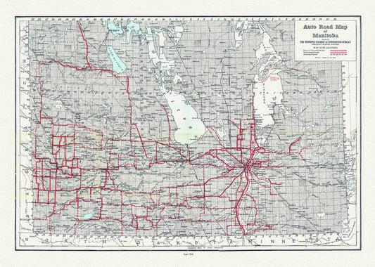 Manitoba, Auto road map, 1926, map on durable cotton canvas, 50 x 70 cm, 20 x 25" approx. - The Map Chest