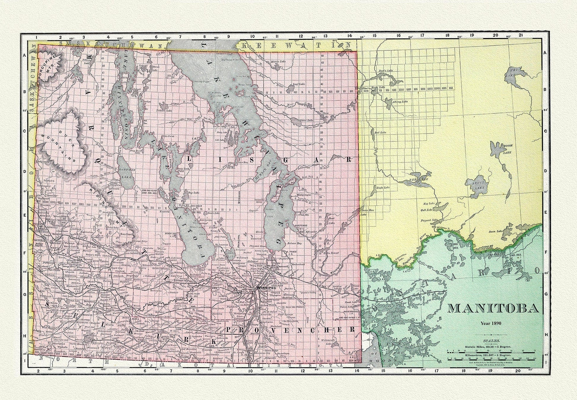 Manitoba, Rand, McNally & Co., 1890, map on durable cotton canvas, 50 x 70 cm, 20 x 25" approx. - The Map Chest