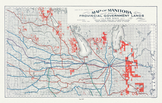 Manitoba shewing provincial government lands for sale, 1907 , map on durable cotton canvas, 50 x 70 cm, 20 x 25" approx. - The Map Chest