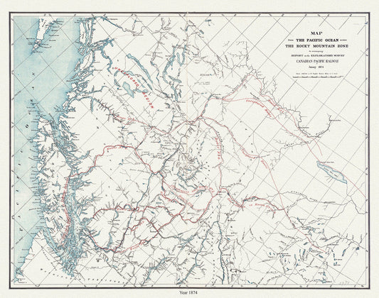 Map from the Pacific Ocean across the Rocky Mountain zone to accompany report on the exploratory survey.CPR.1874, 20x25" approx. - The Map Chest