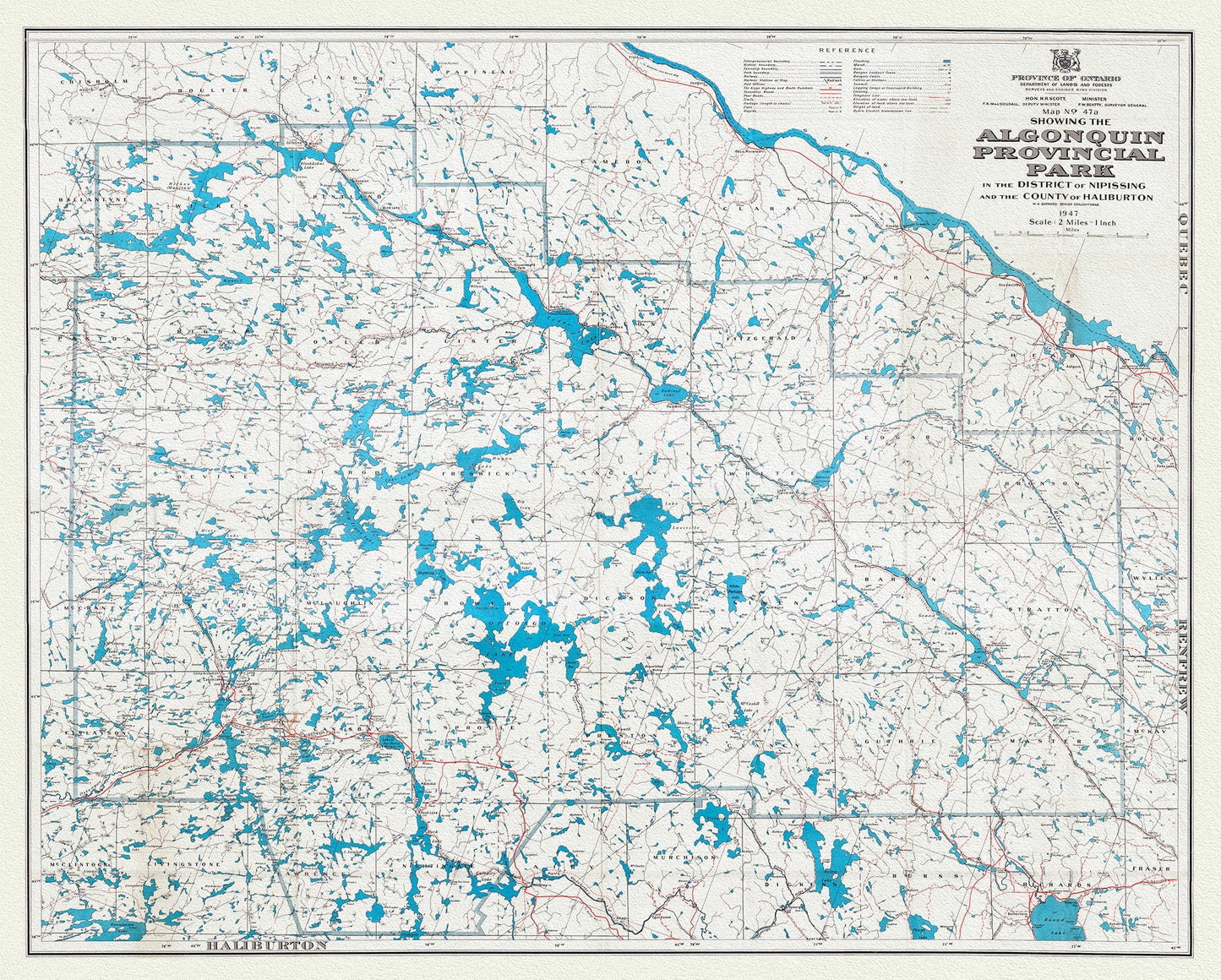 Map No. 47A showing the Algonquin Provincial Park in the District of Nipissing and the County of Haliburton, 1947, cotton canvas, 22x27" - The Map Chest