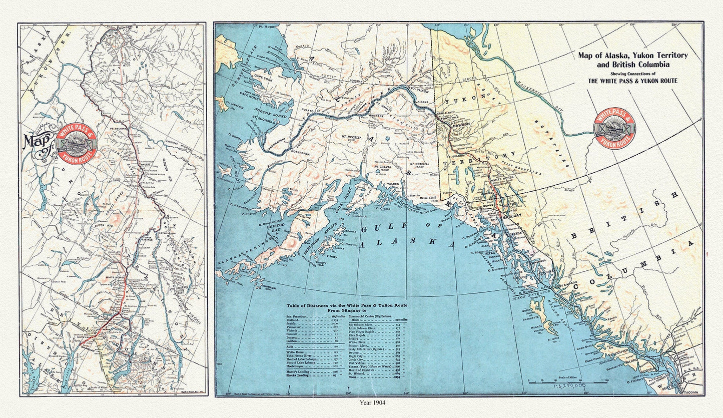 Map of Alaska, Yukon Territory and British Columbia showing connections of the White Pass and Yukon route, 1904 , 20 x 25" approx. - The Map Chest