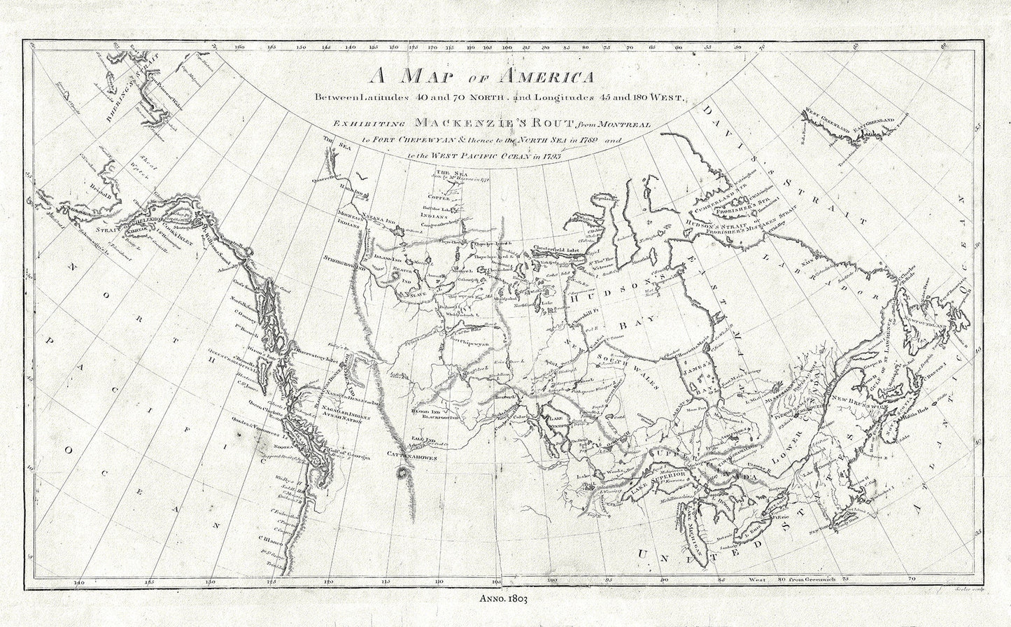 Map of America showing MacKenzie's Route from Montreal to Ft. Chepewyan in 1793, map on durable cotton canvas, 50 x 70 cm, 20 x 25" approx. - The Map Chest