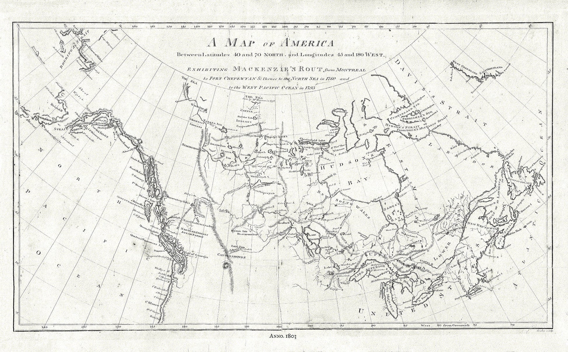 Map of America showing MacKenzie's Route from Montreal to Ft. Chepewyan in 1793, map on durable cotton canvas, 50 x 70 cm, 20 x 25" approx. - The Map Chest
