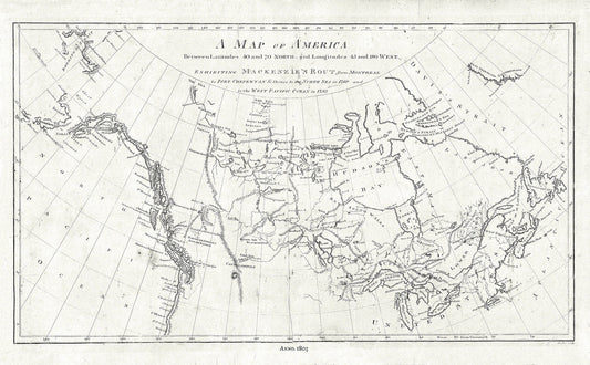 Map of America showing MacKenzie's Route from Montreal to Ft. Chepewyan in 1793, map on durable cotton canvas, 50 x 70 cm, 20 x 25" approx. - The Map Chest