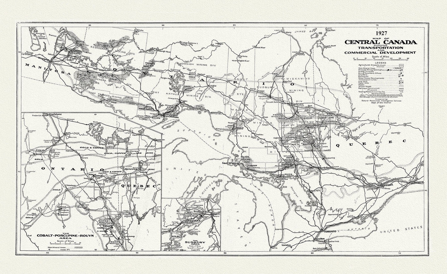 Map of Central Canada Showing Transportation and Commercial Development, 1927, map on durable cotton canvas, 50 x 70 cm, 20 x 25" approx. - The Map Chest