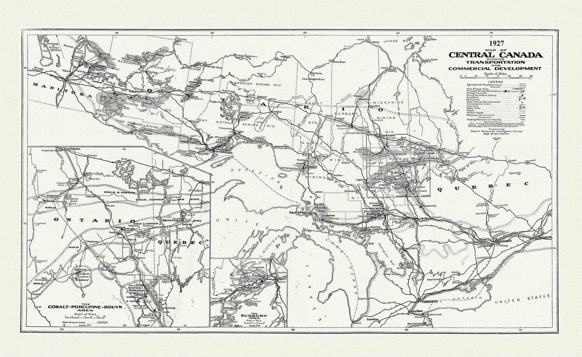 Map of Central Canada Showing Transportation and Commercial Development, 1927, map on durable cotton canvas, 50 x 70 cm, 20 x 25" approx. - The Map Chest
