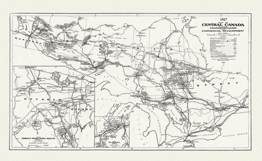 Map of Central Canada Showing Transportation and Commercial Development, 1927, map on durable cotton canvas, 50 x 70 cm, 20 x 25" approx. - The Map Chest