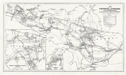 Map of Central Canada Showing Transportation and Commercial Development, 1927, map on heavy cotton canvas, 50 x 70cm, 20 x 25" approx. - The Map Chest