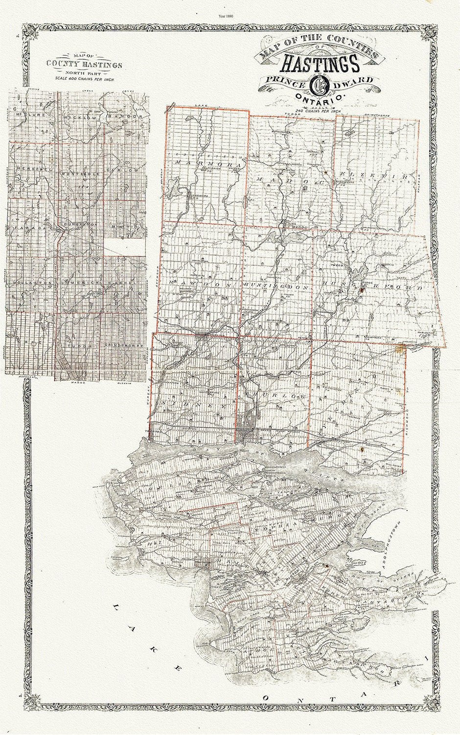 Map of Hastings County, Ontario, 1880 , map on heavy cotton canvas, 45 x 65 cm, 18 x 24" approx. - The Map Chest
