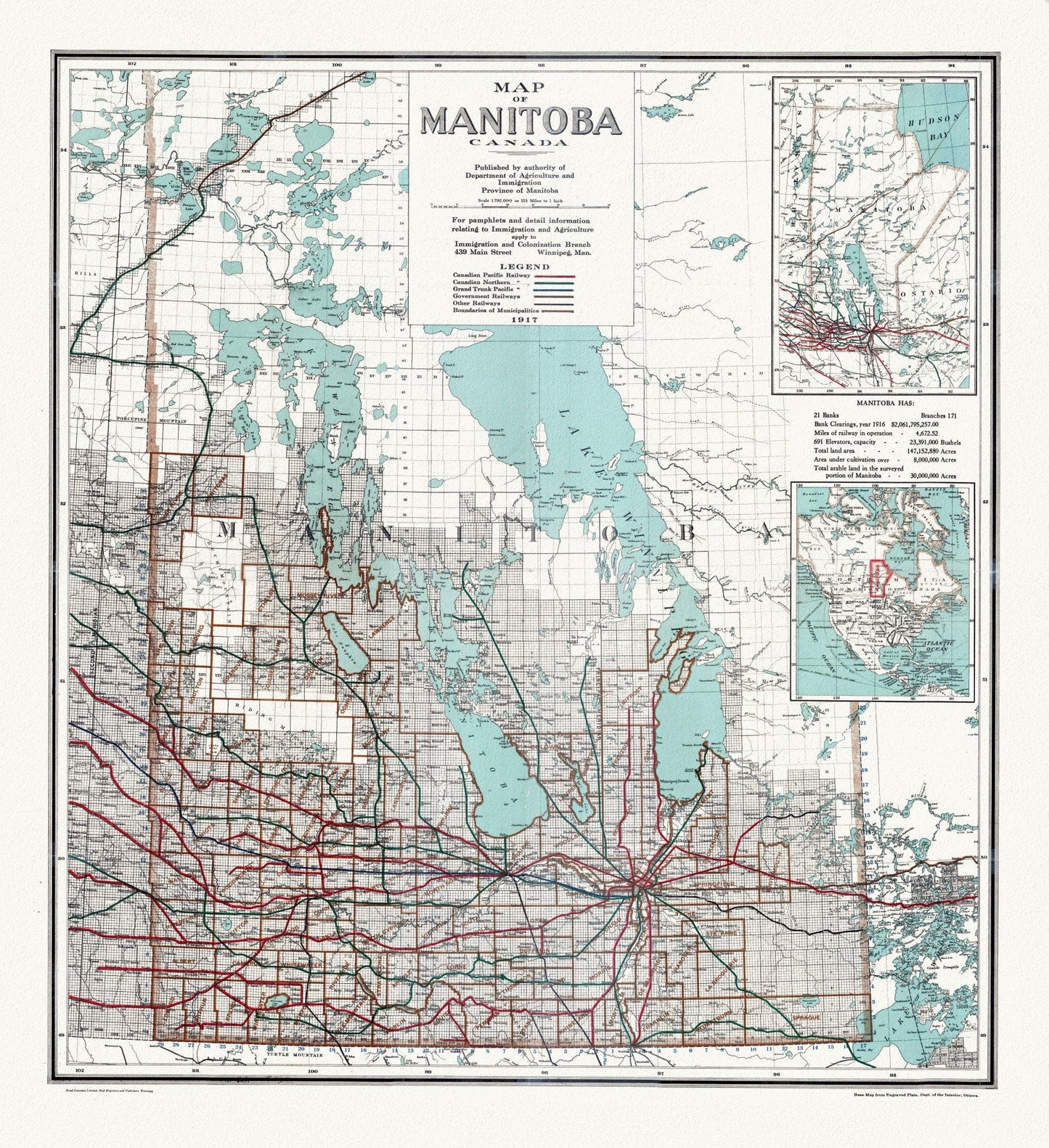 Map of Manitoba Canada, 1917, map on heavy cotton canvas, 22x27" approx. - The Map Chest