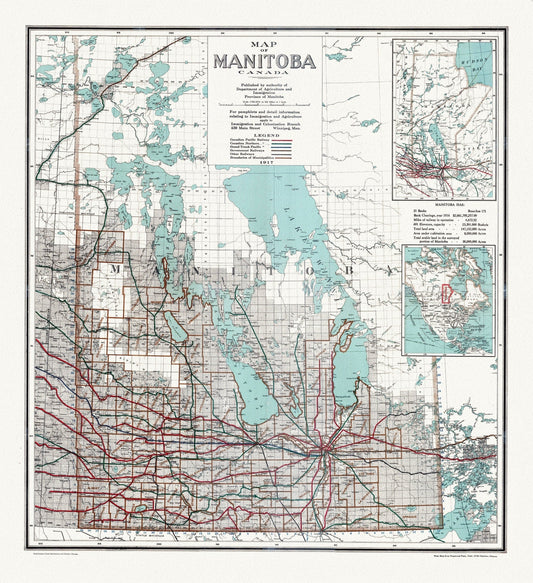 Map of Manitoba Canada, 1917, map on heavy cotton canvas, 22x27" approx. - The Map Chest